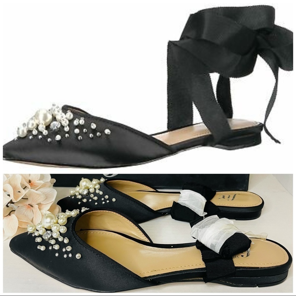 The Fix Women's Porter Pointed Toe Ankle Wrap Flat Slide Pearls Black.